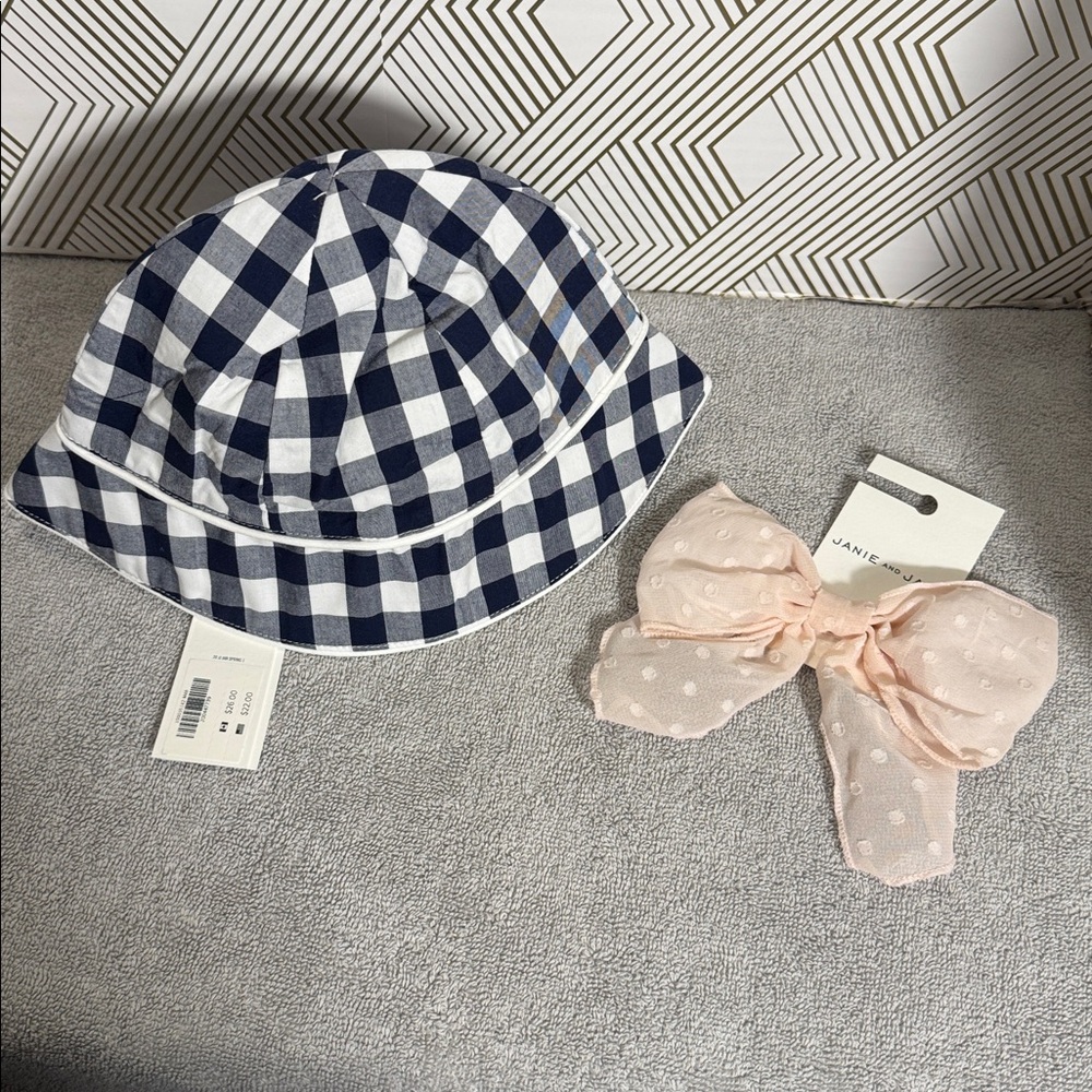 Janie and Jack hat NWT Navy Checkered Bucket Hat and Pink Bow with polka dots